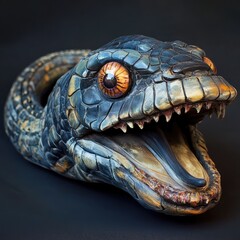 Naklejka premium A highly detailed, artistic sculpture of a snake with an open mouth, showcasing intricate textures and colors against a dark background, ideal for nature-themed art collections