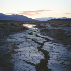A cracked, parched landscape reveals a meandering, waterless path in the early dawn light.
