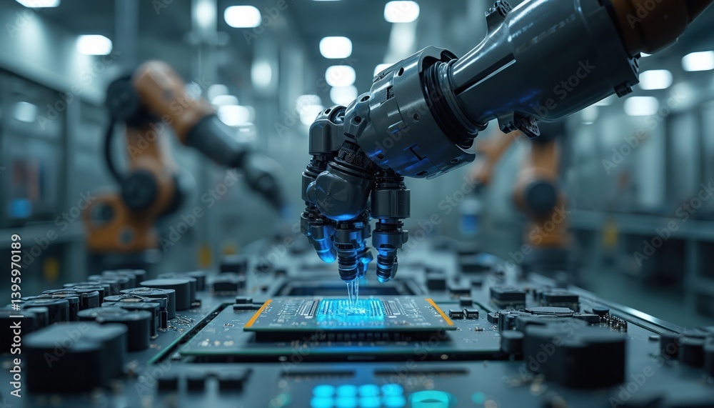 Leinwandbilder Robotic arm precisely assembles circuit board in advanced tech manufacturing facility. Automated production, ai-powered innovation, high technology, modern industrial process. Robotic arm placing