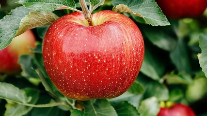 Fresh red apple hanging on tree branch in vibrant orchard during sunny day