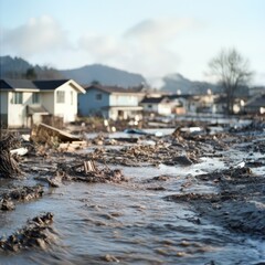 A once vibrant neighborhood lies devastated, strewn with debris and mud, portraying the aftermath of a powerful natural disaster.