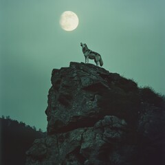 A lone wolf stands majestically on a cliff under a full moon, evoking themes of solitude and wilderness.