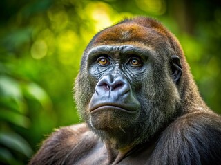 Obraz premium Lowland Gorilla Gazing into the Distance: Powerful Documentary Wildlife Photography