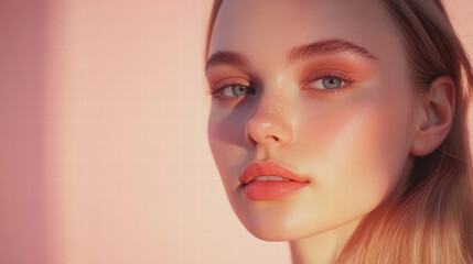 Fototapeta premium Golden Hour Portrait: A close-up portrait of a young woman with captivating blue eyes and soft features, bathed in the warm glow of the golden hour. Her delicate skin glows.