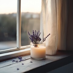 A lit candle and lavender sprigs rest on a windowsill, bathed in soft evening light, invoking calm and serenity.