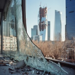 Skyscrapers tower over shattered glass windows, reflecting urban decay and resilience amidst modern architecture in a sprawling cityscape.