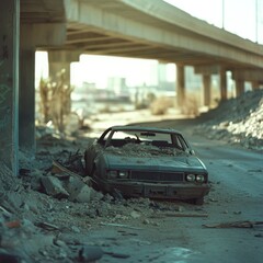 Abandoned car beneath a highway bridge in a desolate, sunlit landscape shows decay and neglect.