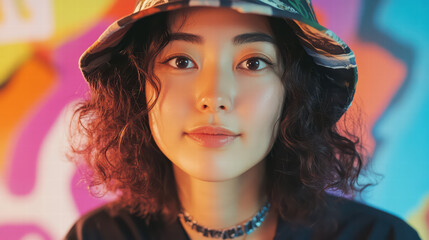 Naklejka premium Urban Street Style Portrait: A young woman with expressive eyes, styled with a trendy bucket hat, leans confidently against a vibrant graffiti backdrop.