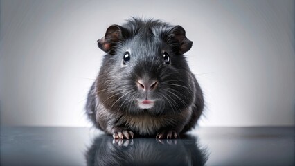 Fototapeta premium A captivating portrait of a sleek, dark-furred guinea pig, posed attentively on a reflective surface