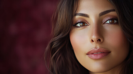 Fototapeta premium Radiant Aura: A striking close-up portrait captures the poise of a beautiful woman, her gaze intense and her presence captivating. Capturing the essence of a striking presence, and evoking emotions.