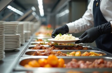 Canteen worker serving food on plate from buffet. Person wearing black gloves. Cook in white shirt, dark apron serving meal in cafeteria. Variety of dishes on display. Food preparation, catering,