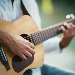 Hands skillfully strum an acoustic guitar, evoking a serene melody in a sunlit setting, capturing the essence of musical expression and artistic passion.