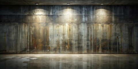 A dimly lit interior featuring a weathered concrete wall and polished floor, ideal for dramatic backgrounds