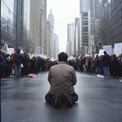 A lone figure kneels in the middle of a city street, flanked by a peaceful crowd holding protest signs, amid towering urban architecture.