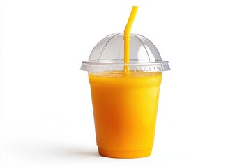 Fresh orange beverage in a plastic cup with a yellow straw