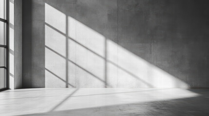 Shadow Play: Sunlight streams through a large window, casting intricate shadows across a minimalist concrete interior. A study in contrasts and light, embodying a sense of serenity and modern design.