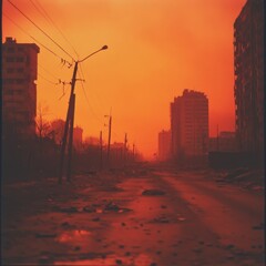 An apocalyptic cityscape glows under an ominous orange sky, painting a dystopian vision of urban desolation.