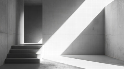 Obraz premium Sunlit Concrete Staircase: A ray of sunlight dramatically cuts through the stark, minimalist architecture of a concrete interior space, illuminating a simple staircase.