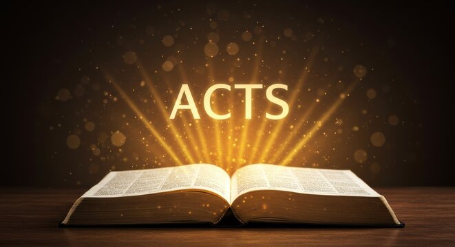 An open book with the word acts illuminated by light rays on a dark brown background and surface