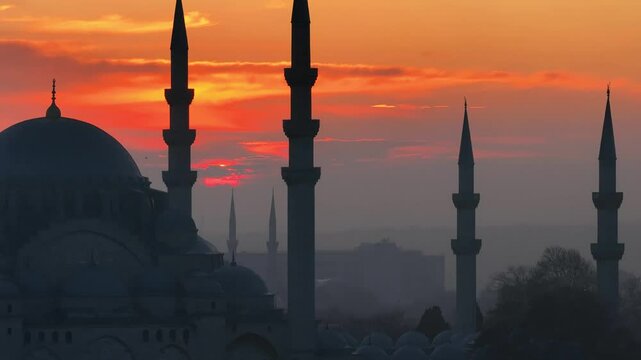 Suleymaniye Mosque (Suleymaniye Camii) in the Sunset Time Drone Video, Suleymaniye Fatih, Istanbul Turkiye (Turkey)