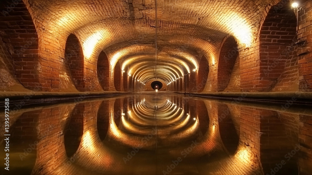 Poster mysterious underground sewer tunnel with reflective water surface generative ai