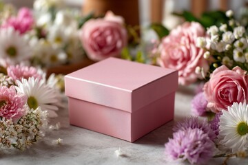 Obraz premium Delicate Pink Box Surrounded by Colorful Flowers During a Sunny Afternoon