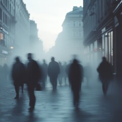 Silhouetted figures move through a misty urban street, creating a mysterious and atmospheric scene.