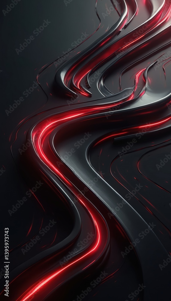 Poster abstract image featuring sleek flowing black lines with striking red accent. design evokes motion, d