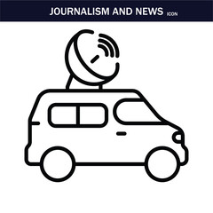 JOURNALISM AND NEWS ICON. Containing journalist, news, microphone, interview, reporter, podcast, press badge, newspaper and radio. Editable stroke. Vector illustration. EPS 10.