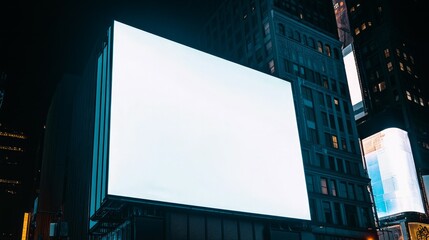 straight on shot of a white billboard in times square on the side of a building at night