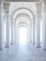 Elegant, white colonnaded hall with arches
