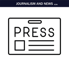 JOURNALISM AND NEWS ICON. Containing journalist, news, microphone, interview, reporter, podcast, press badge, newspaper and radio. Editable stroke. Vector illustration. EPS 10.