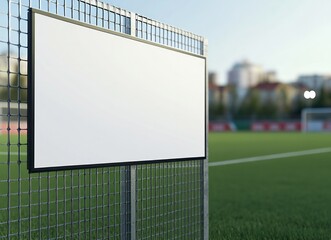  A small blank advertisement banner mockup, white background, The banner is on a fence on the edge of a football pitch. 