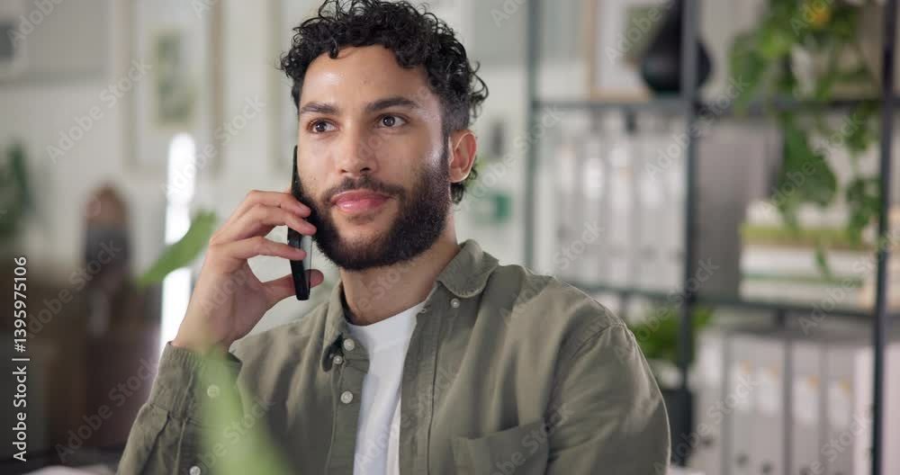 Aufkleber Man, phone call and thinking in office with discussion for project management at web design company. Person, smartphone and smile with agreement, review and feedback negotiation at creative agency