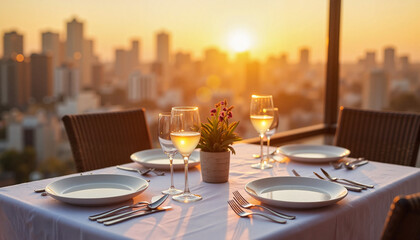 Elegant rooftop dinner setting at sunset, romantic ambiance