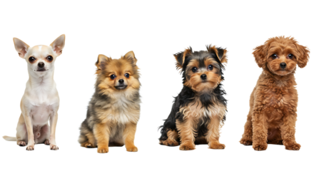 Four Small Dogs Sitting Side by Side Isolated on White