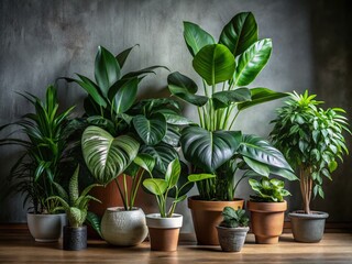 Obraz premium Low Light Indoor Houseplant Arrangement: Monstera, Snake Plant, Pothos, ZZ Plant, Fiddle Leaf Fig, Peace Lily
