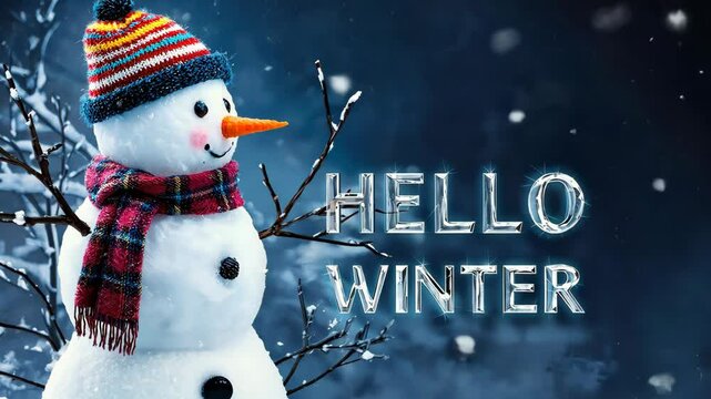Hello winter inscription with the image of a snowman in a striped hat and scarf standing in the snow, with snowflakes falling in the background. Perfect for winter themes and holiday greetings. Banner