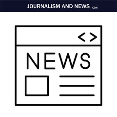 JOURNALISM AND NEWS ICON. Containing journalist, news, microphone, interview, reporter, podcast, press badge, newspaper and radio. Editable stroke. Vector illustration. EPS 10.