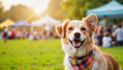 Happy dog with colorful bandana at pet adoption fair, joyful moment