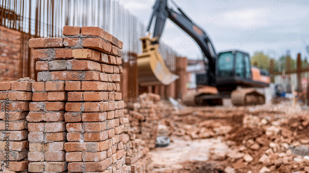 Poster Stacked bricks ready for construction at a building site Generative AI
