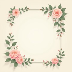 Delicate floral frame with pastel roses and greenery on soft beige background, elegant and romantic design.