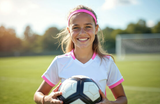 Smiling teenage girl soccer player with football on the field. Young female with ball ready to play football match or training. Happy smiling face, outdoor activities, healthy lifestyle.