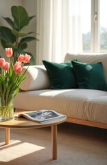 Naklejka premium Cozy living room bright interior with sofa green pillows, fresh pink tulips in a vase, wooden coffee table with magazine. Natural light, modern home decor and comfortable atmosphere.