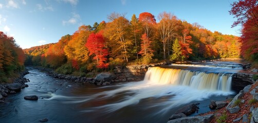 Panorama of Shohola Falls in Poconos, Pennsylvania. Autumn scene features vibrant foliage, waterfall cascade, flowing water stream. Scenic rural landscape, popular travel tourism destination, hiking