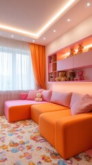 Fototapeta premium A large corner sofa in the children's room, with an orange and pink color scheme