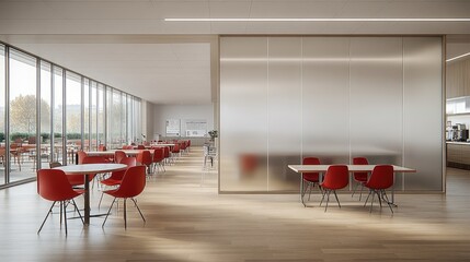 Modern open-plan cafeteria with frosted glass partitions