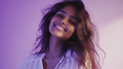 Radiant Beauty: A young, brown-skinned woman exudes happiness and confidence as she smiles under a soft, diffused light, her flowing hair adding movement and life.
