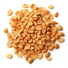 A scattered pile of roasted peanuts with light brown color isolated on white background