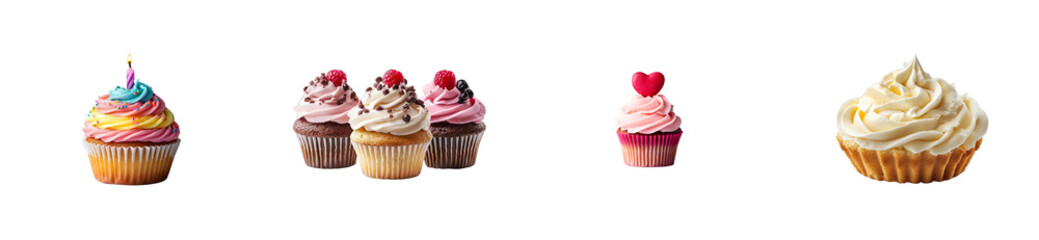 Set with cupcakes of different varieties and toppings, cut out transparent